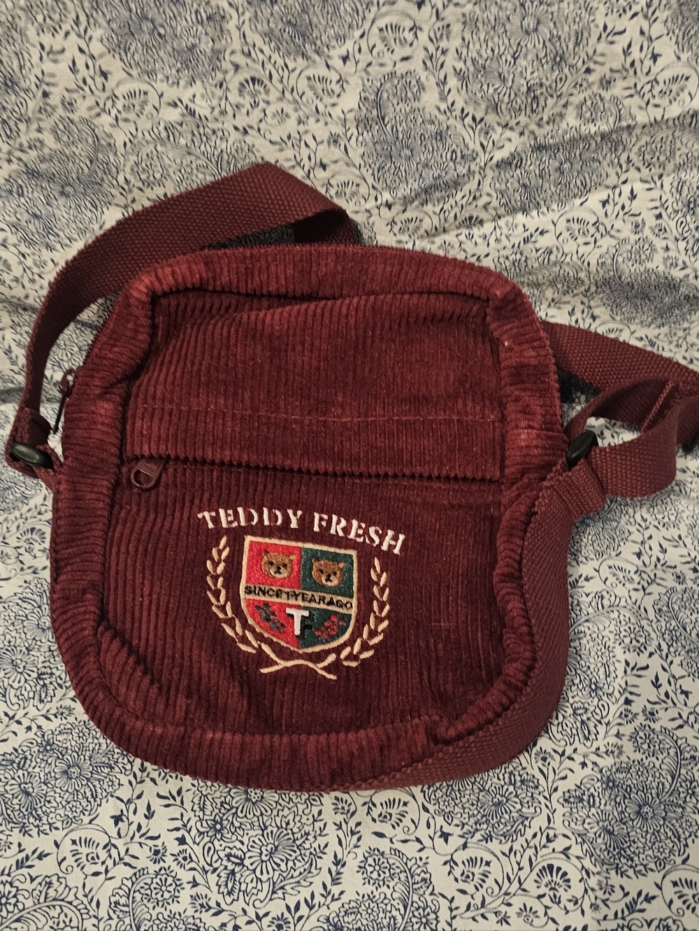 Teddy Fresh Phone Bag Crossbody Shoulder Purse Zip Burgandy Red Corduroy RARE!